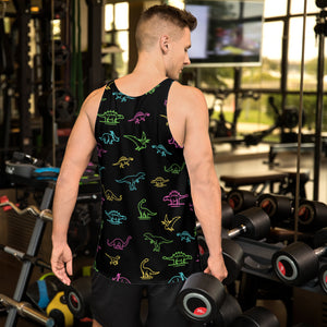 Neon Dinosaurs, Hand Sewn All-Over-Print Fabric, Unisex Rave Tank Top - Fossil Daddy